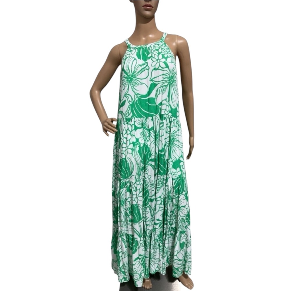 Lilly Pulitzer Green White Tropical Floral Maxi Dress Size L Sleeveless Resort - Picture 6 of 14
